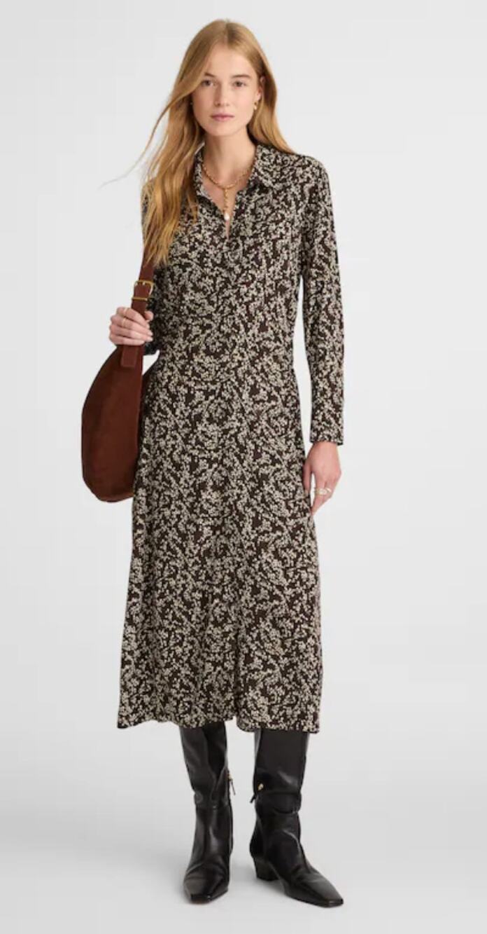 Madewell | NWT Ruched Midi Shirtdress in Bridgette Spots Brown | Sz 6